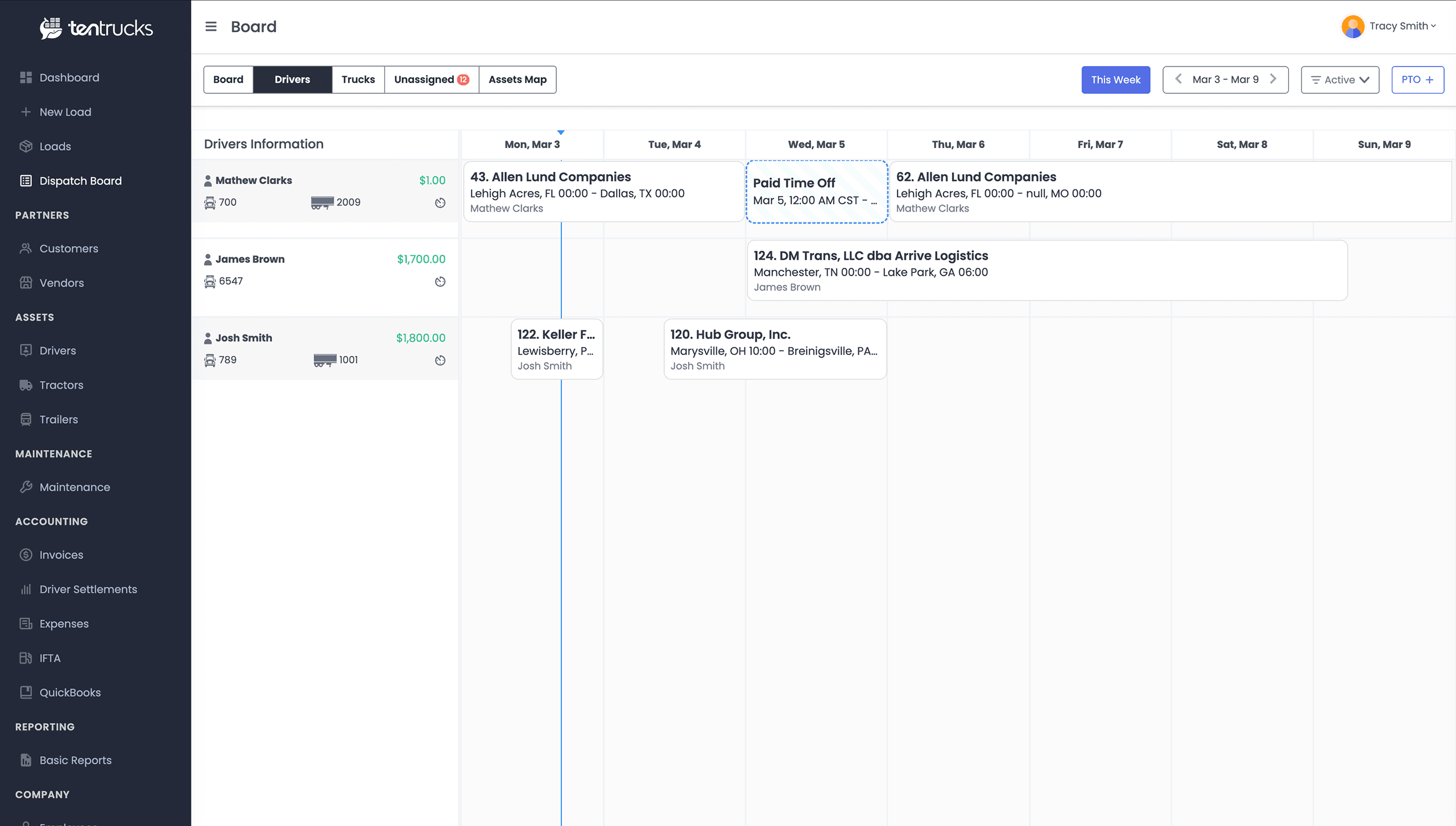 TMS web app dispatcher board drivers page driver list and calendar